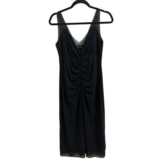 Guess Collection Dresses & Skirts - Guess‎ Collection Black Ruched Mesh Trim Midi Dress Sleeveless V-Neck Small Med